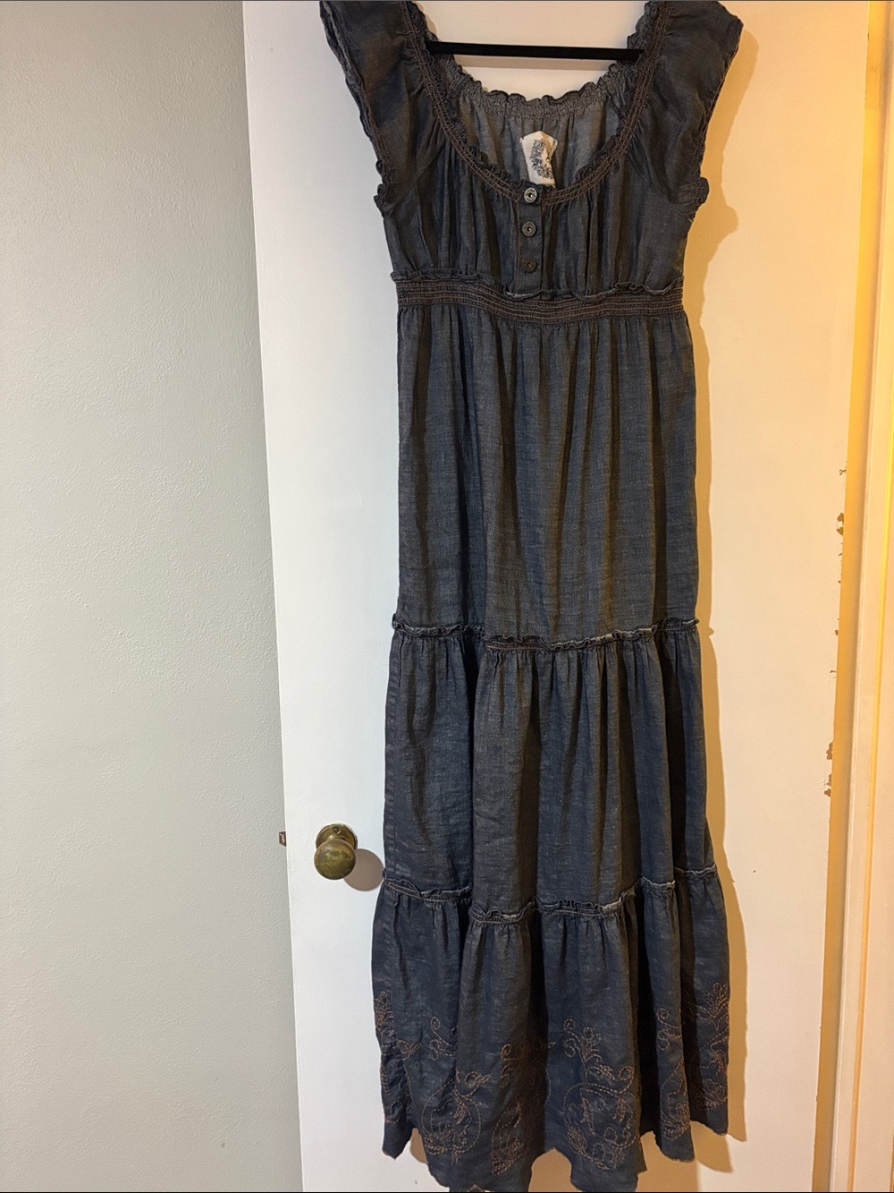 Sleeveless Dark Gray Tiered Maxi Dress with Ruffle Neckline